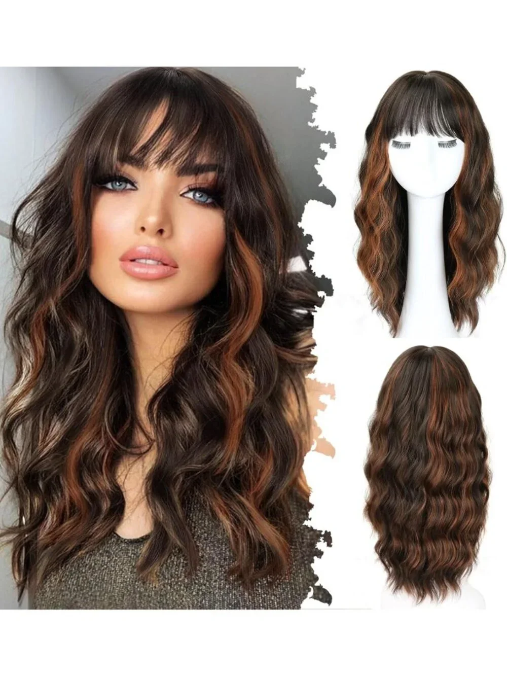 20-Inch Medium Long Wavy Wig with Bangs - Natural Curly Hair for Women